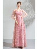 Gorgeous Sparkly Pink Long Prom Party Dress With Cape Sleeves