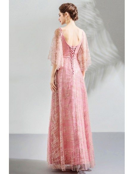 Gorgeous Sparkly Pink Long Prom Party Dress With Cape Sleeves