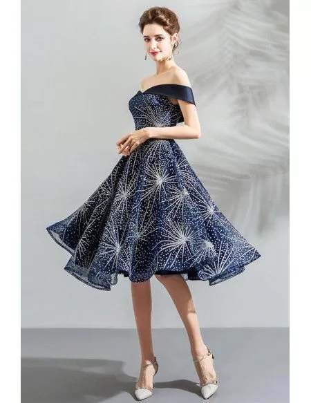 Charming Sparkly Navy Blue Short Prom Dress With Off Shoulder