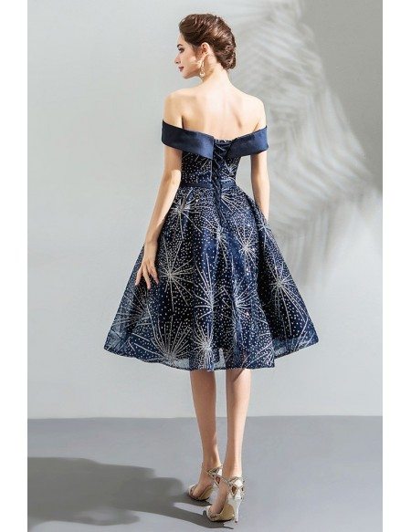 Charming Sparkly Navy Blue Short Prom Dress With Off Shoulder