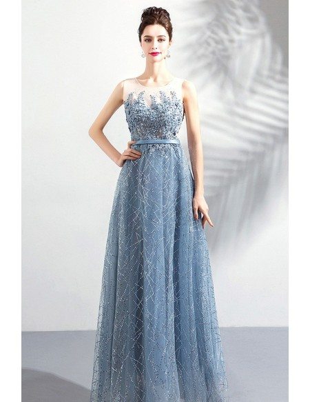 Mistery Dusty Blue A Line Long Prom Dress Sleeveless With Sequins ...
