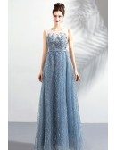 Mistery Dusty Blue A Line Long Prom Dress Sleeveless With Sequins