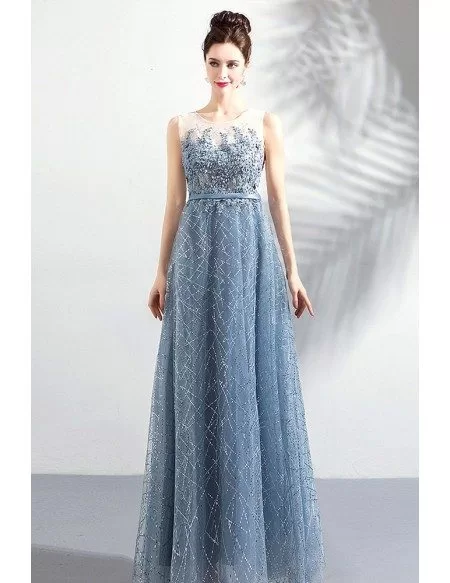 Mistery Dusty Blue A Line Long Prom Dress Sleeveless With Sequins