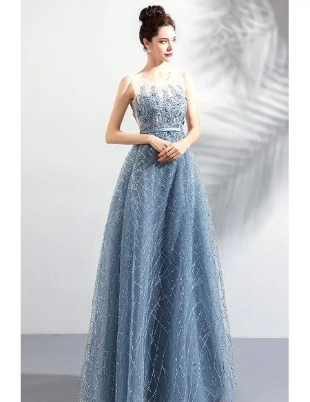 Mistery Dusty Blue A Line Long Prom Dress Sleeveless With Sequins ...