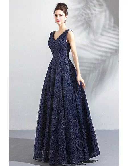 Classy Formal Navy Blue Sparkly Long Prom Dress V-neck