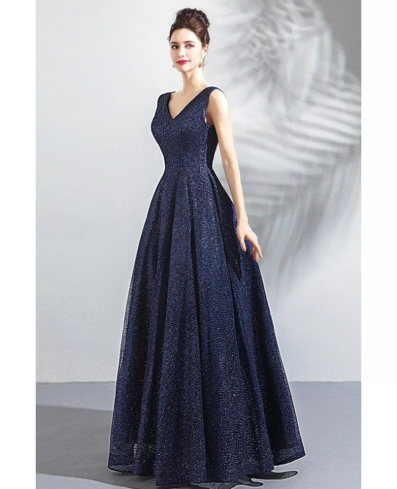 Classy Formal Navy Blue Sparkly Long Prom Dress V-neck Wholesale # ...