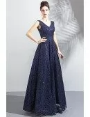 Classy Formal Navy Blue Sparkly Long Prom Dress V-neck