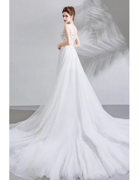 Fairy Pure White Floral Wedding Dress V-neck With Long Train