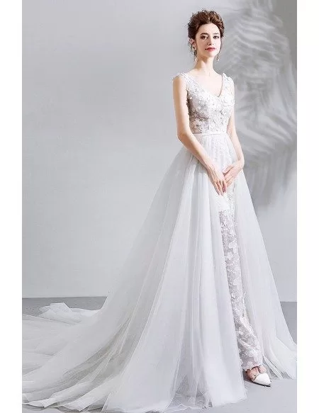 Fairy Pure White Floral Wedding Dress V-neck With Long Train