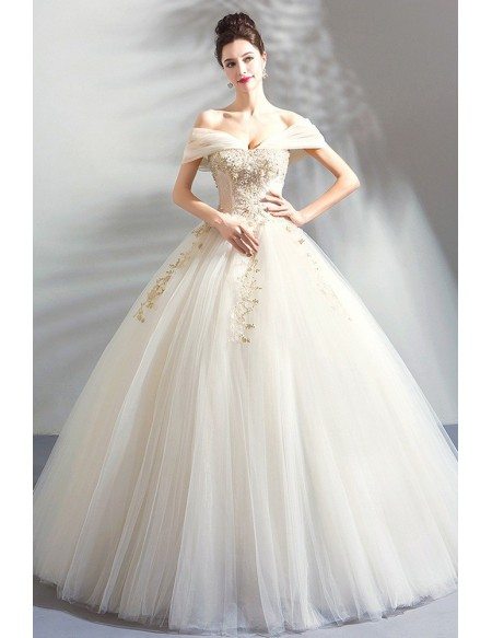 Luxury Embroidery Beige Ball Gown Wedding Dress Princess With Off Shoulder