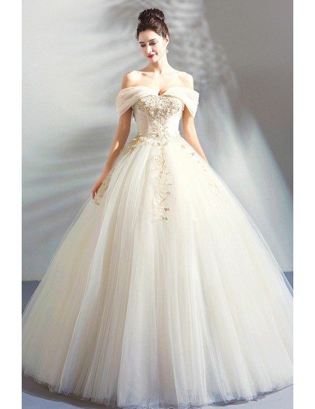 Luxury Embroidery Beige Ball Gown Wedding Dress Princess With Off ...