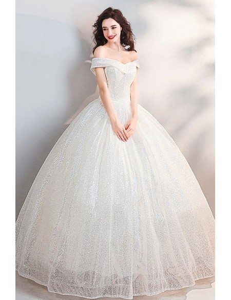 Dreamy Sparkly Sequin Princess Ball Gown Wedding Dress Off Shoulder