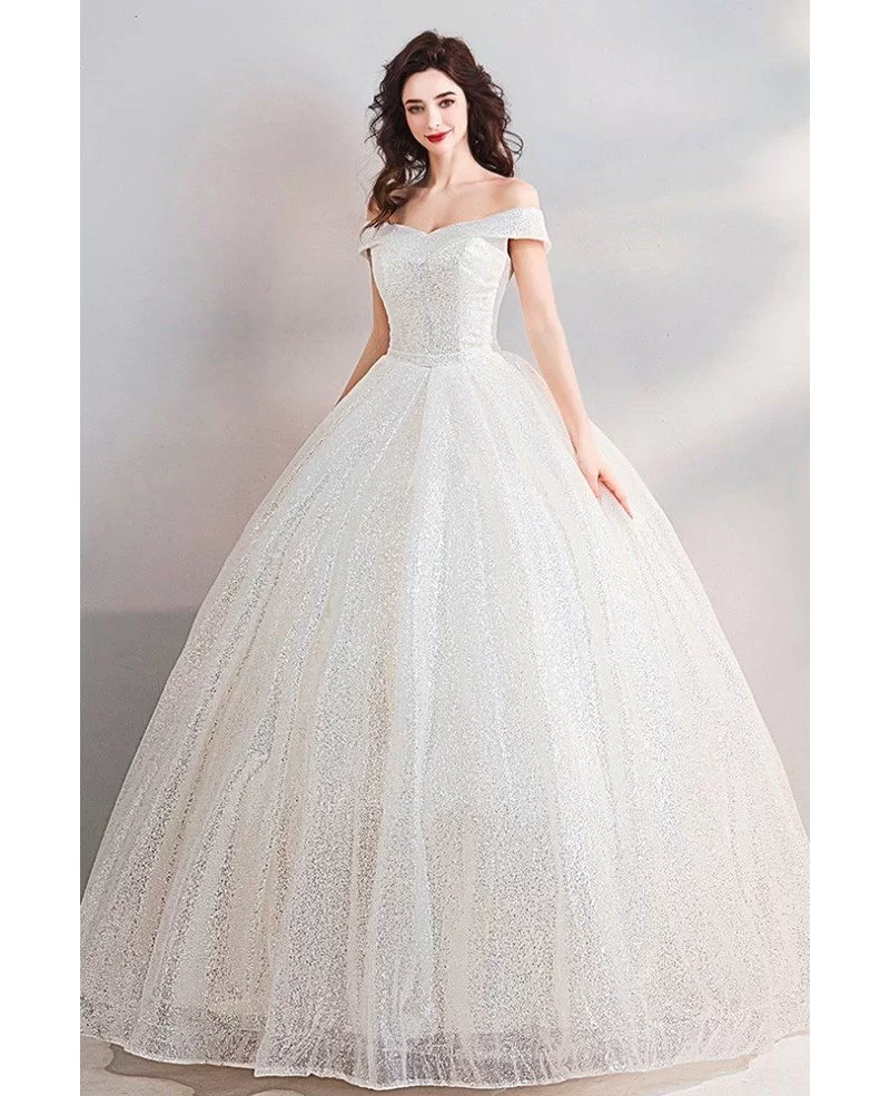 Dreamy Sparkly Sequin Princess Ball Gown Wedding Dress Off Shoulder Wholesale T69086 GemGrace