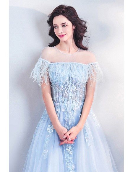 Beautiful Blue Feathers Flowy Long Tulle Prom Dress With Sheer Neckline