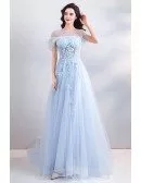 Beautiful Blue Feathers Flowy Long Tulle Prom Dress With Sheer Neckline