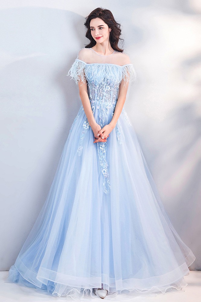 Beautiful Blue Feathers Flowy Long Tulle Prom Dress With Sheer Neckline ...