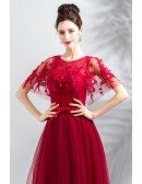 Flowy A Line Long Tulle Burgundy Prom Dress With Cape Sleeves