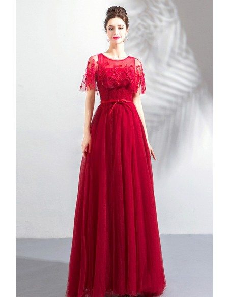Flowy A Line Long Tulle Burgundy Prom Dress With Cape Sleeves