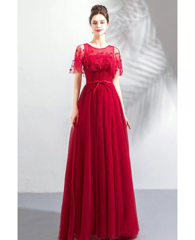 Flowy A Line Long Tulle Burgundy Prom Dress With Cape Sleeves Wholesale ...