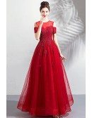 Modest Long Red Appliques Formal Prom Dress With Cold Shoulder Sleeves