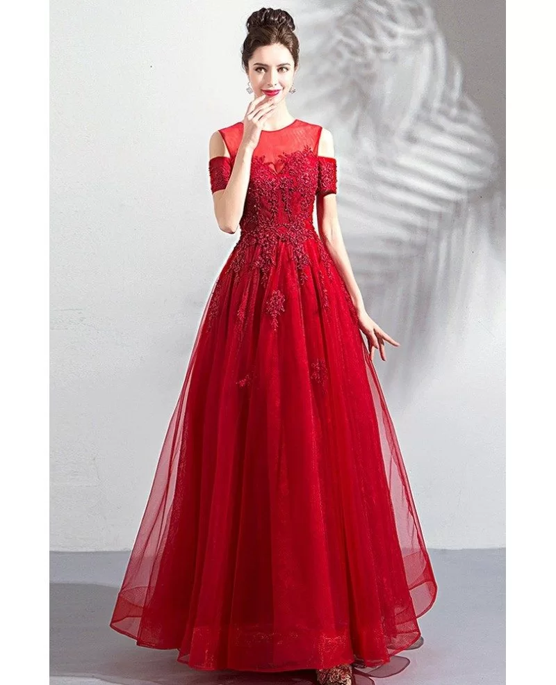 Modest Long Red Appliques Formal Prom Dress With Cold Shoulder Sleeves ...