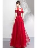 Modest Long Red Appliques Formal Prom Dress With Cold Shoulder Sleeves