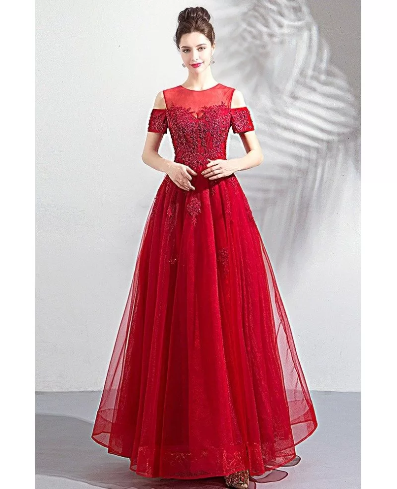 Modest Long Red Appliques Formal Prom Dress With Cold Shoulder Sleeves ...
