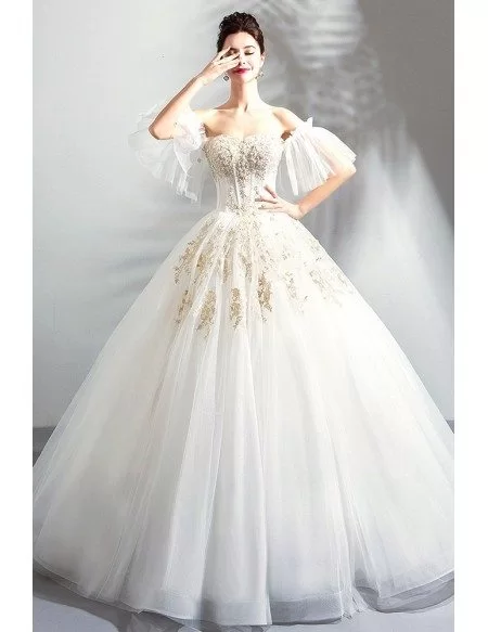 Luxury Gold Embroidery Court Wedding Dress Ball Gown Off Shoulder