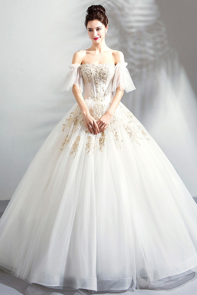 Luxury Gold Embroidery Court Wedding Dress Ball Gown Off Shoulder ...