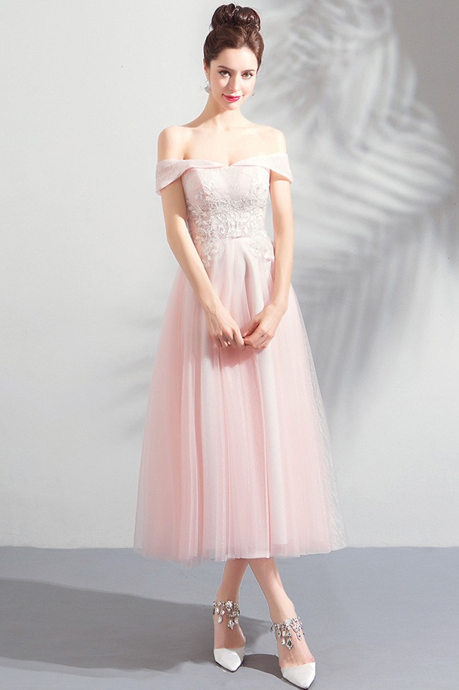 Gorgeous Pink Tulle Off Shoulder Tea Length Party Dress Off Shoulder Wholesale T69094 