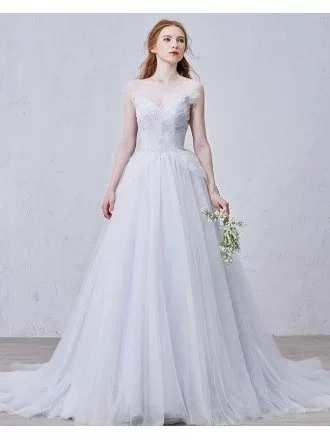 Romantic A-Line V-neck Court Train Tulle Wedding Dress With Beading