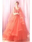 Unique Fairy Coral Orange Long Prom Dress Poofy With Ruffles