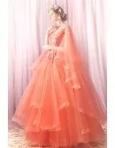 Unique Fairy Coral Orange Long Prom Dress Poofy With Ruffles