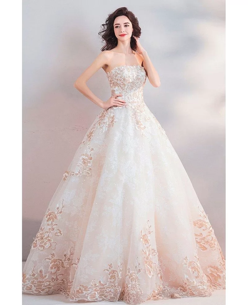 Dreamy Floral Embroidery Beige Ball Gown Wedding Dress Strapless Wholesale T69097 GemGrace