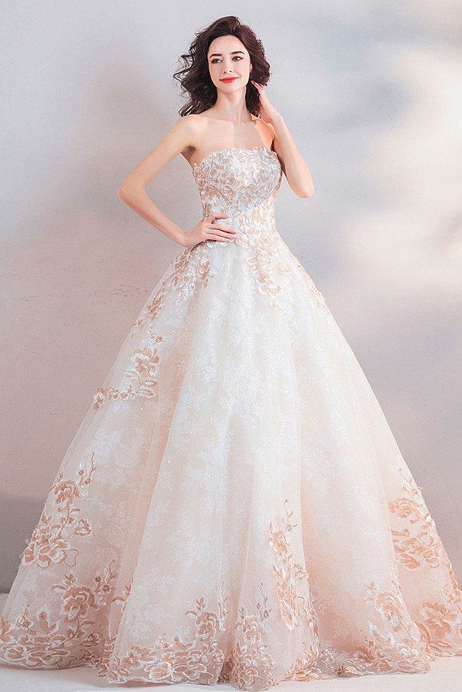 Dreamy Floral Embroidery Beige Ball Gown Wedding Dress Strapless Wholesale  #T69097 - GemGrace.com
