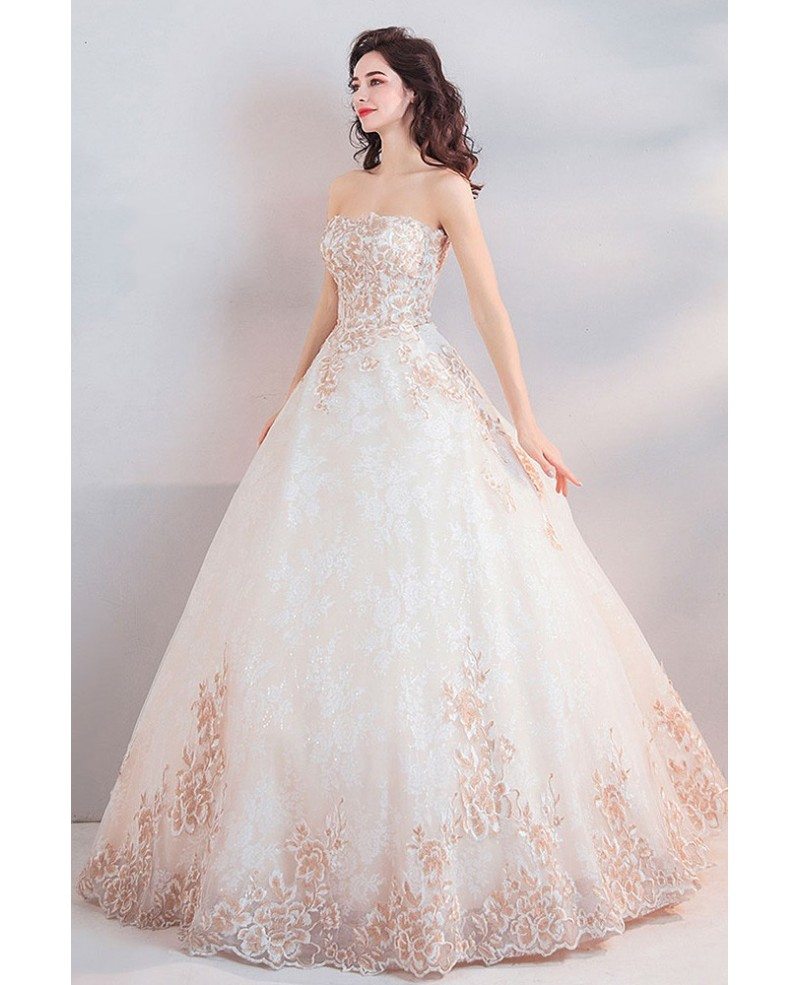 Dreamy Floral Embroidery Beige Ball Gown Wedding Dress Strapless ...