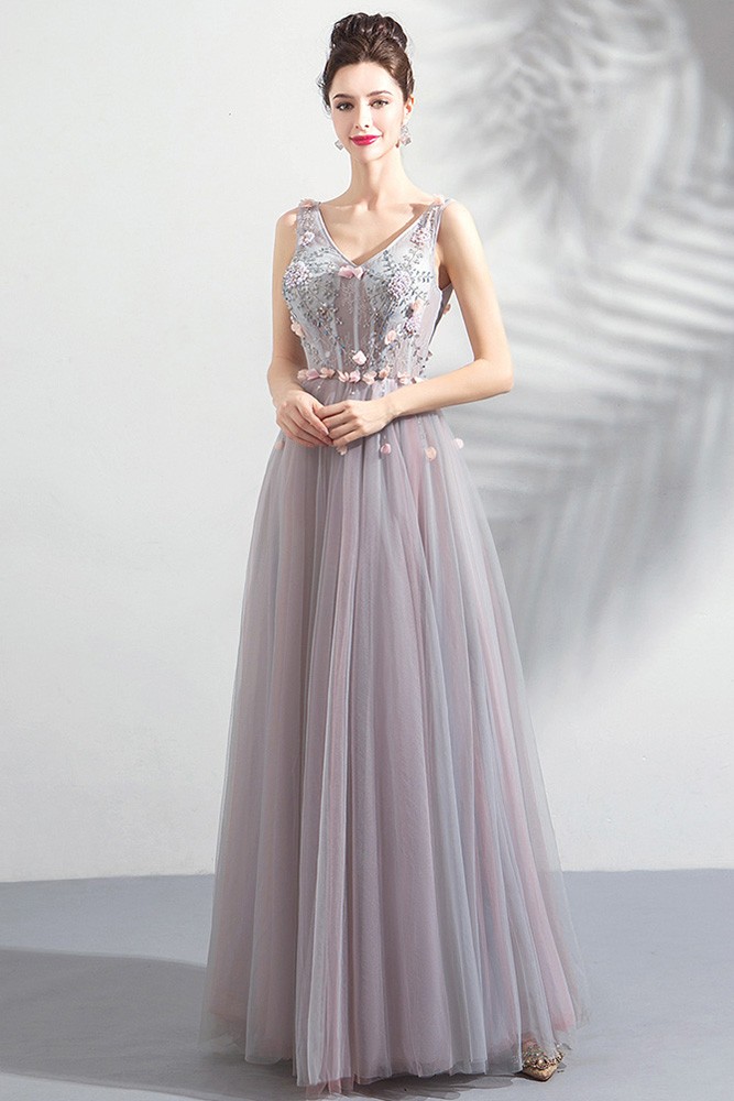 Fairy Dusty Pink A Line Long Tulle Prom Dress With Petals Wholesale # ...