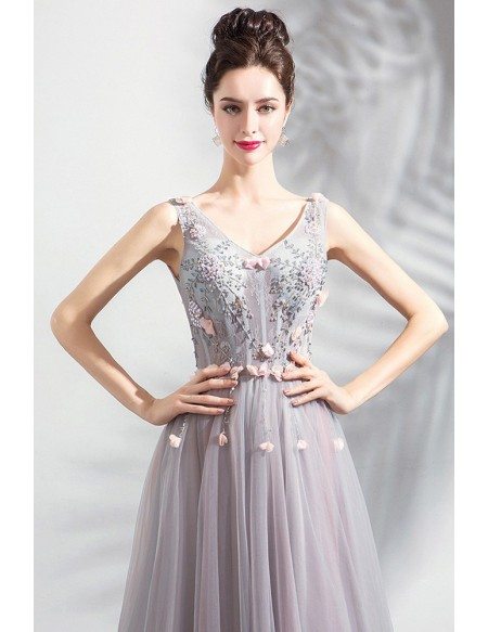 Fairy Dusty Pink A Line Long Tulle Prom Dress With Petals
