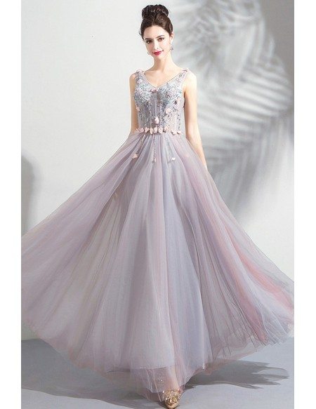 Fairy Dusty Pink A Line Long Tulle Prom Dress With Petals Wholesale # ...