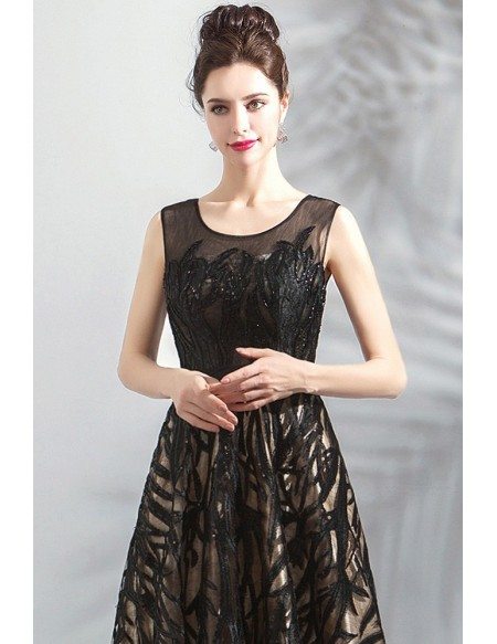 Formal Long Black Unique Lace Prom Dress Sleeveless With Beading