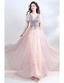 Dreamy Flowy Pink Tulle Long Prom Dress With Flowers Petals