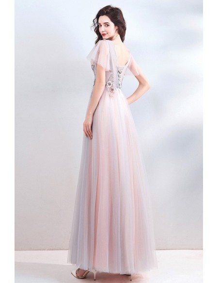 Dreamy Flowy Pink Tulle Long Prom Dress With Flowers Petals