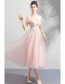 Peachy Pink Tulle Lace Tea Length Wedding Party Dress With Off Shoulder