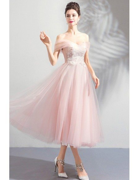 Peachy Pink Tulle Lace Tea Length Wedding Party Dress With Off Shoulder ...
