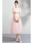 Peachy Pink Tulle Lace Tea Length Wedding Party Dress With Off Shoulder