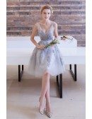 Stylish A-Line V-neck Short Tulle Dress With Appliques Lace