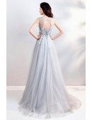 Special Dusty Grey A Line Tulle Prom Dress With Bling Bling