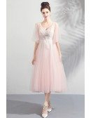Elegant Peachy Pink Tulle Tea Length Wedding Party Dress With Sleeves