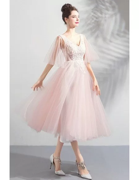 Elegant Peachy Pink Tulle Tea Length Wedding Party Dress With Sleeves ...