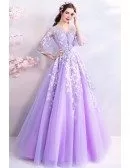 Fairy Purple Flowers Long Tulle Prom Dress With Sheer Sleeves